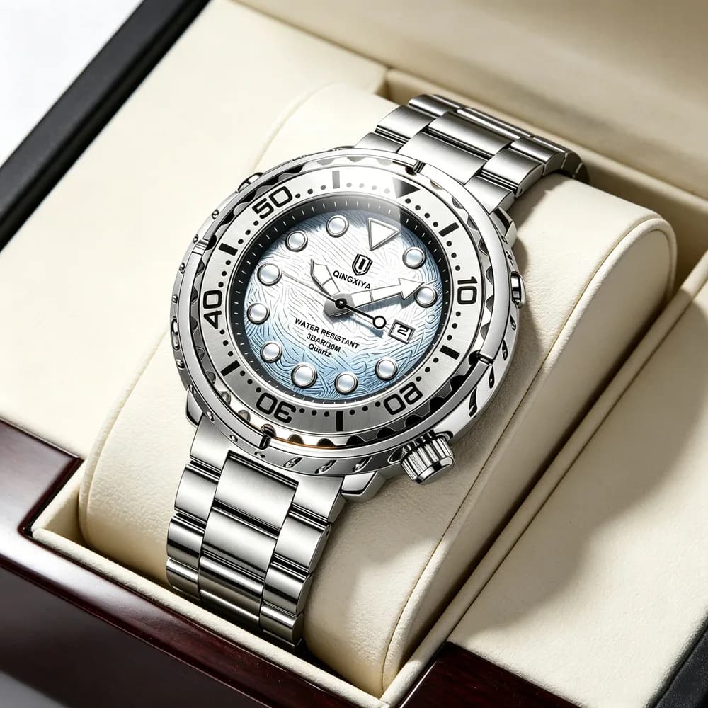 Creative Hot Selling High Quality Light Blue Ocean Style Surface Quartz Watch Men Personality Steel Luminous Watch Clcok Reloj