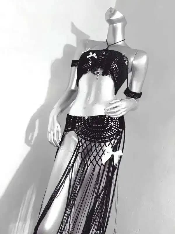 TDH * Milk Cake Black Angel Handmade Yarn Crochet Strap Hollow Hole Tassel Cover Skirt Two Piece Set for Women