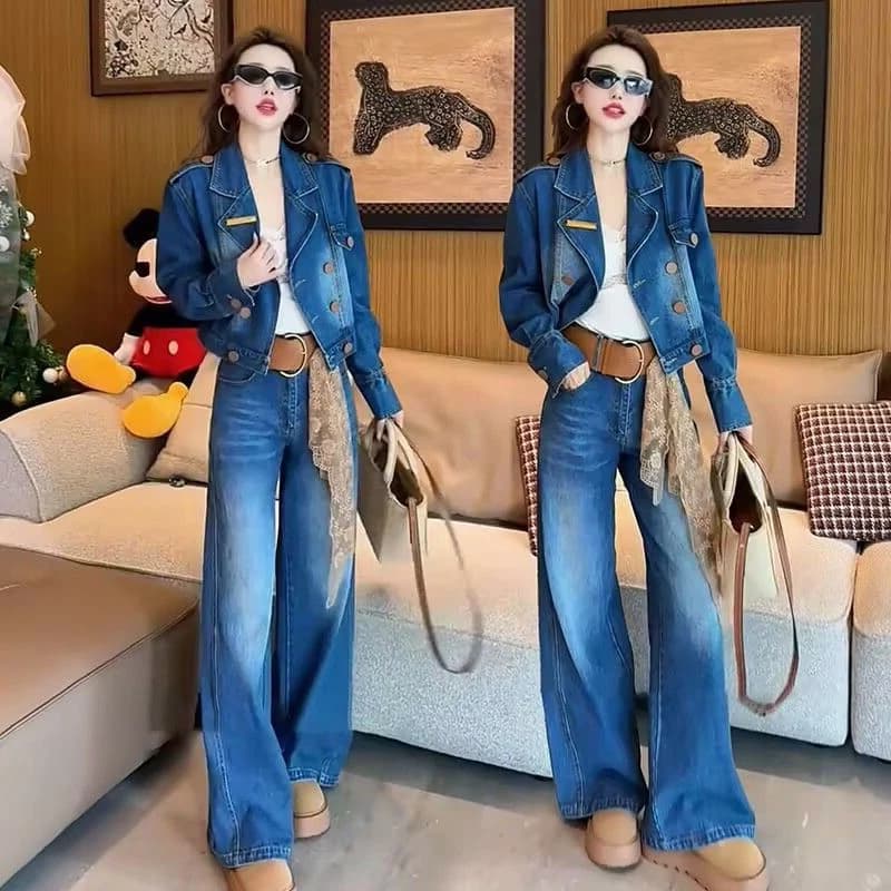 Fashionable European Denim Set Women's Short Wide Leg Jeans Jacket Two Piece Suit Slimming Trendy Spring Autumn New Arrival