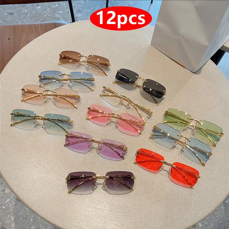 12 pz Nuovo Senza Montatura Piccolo Rettangolo Occhiali Da Sole Moda Y2K Occhiali Da Sole Senza Cornice Shades Decorazione Del Leopardo Per Le Donne Degli Uomini UV400