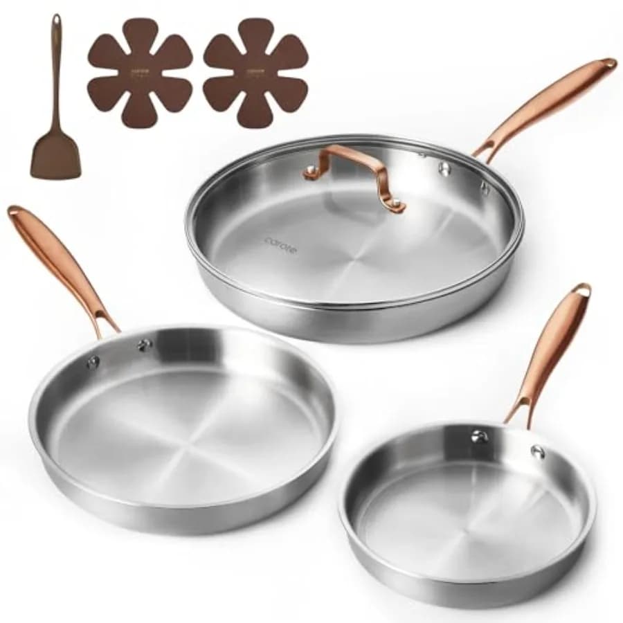 Set di 7 Padelle in Acciaio Inox Tri-Ply, Set di Padelle 8"/10"/12", Compatibili con l'Induzione, Adatte al Forno e alla Lavastoviglie, con Manico