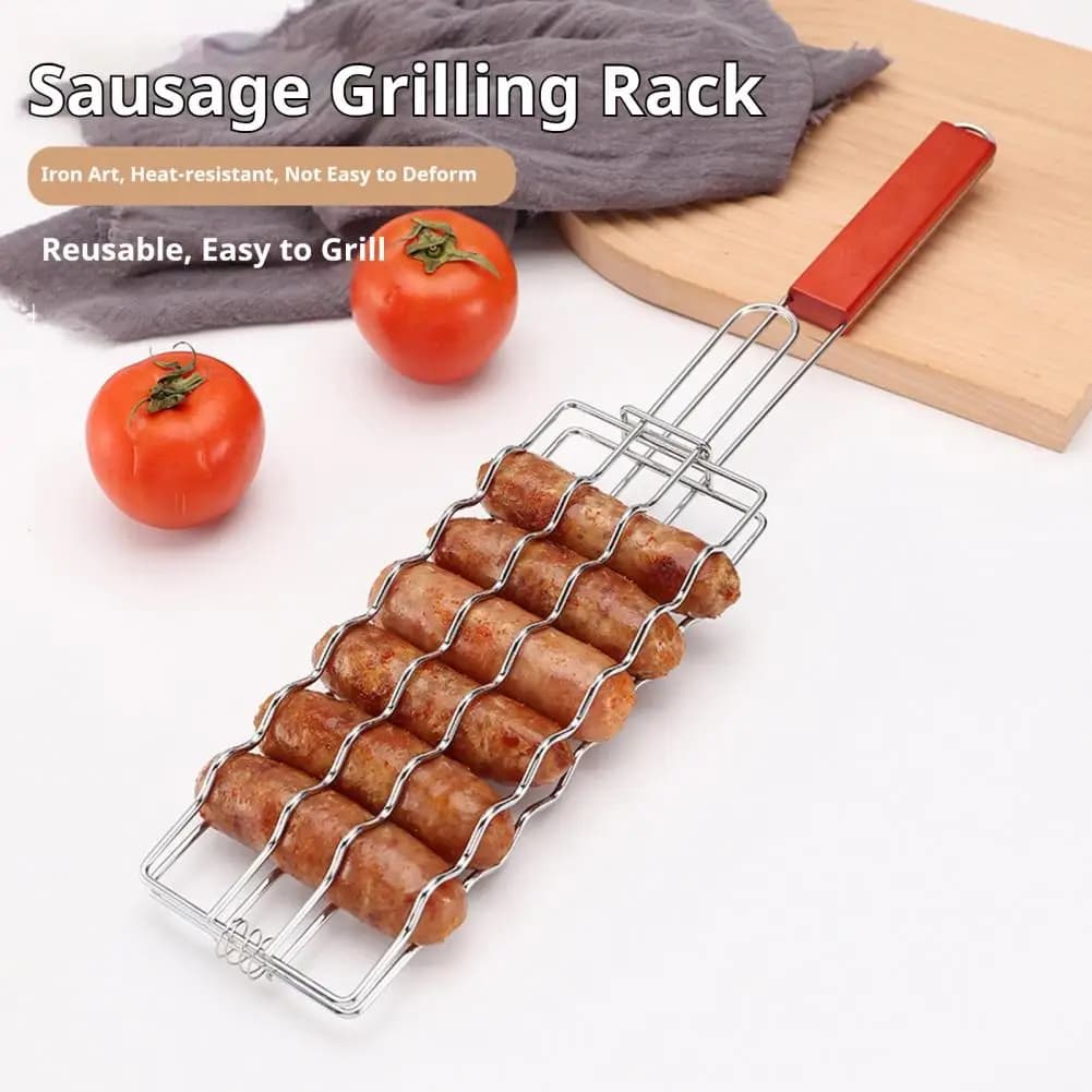 Griglia per Salsicce in Acciaio Inox, Cestello Espandibile con Manico, Rastrelliera per Hot Dog e Salsicce BBQ, Portatile e Antiruggine