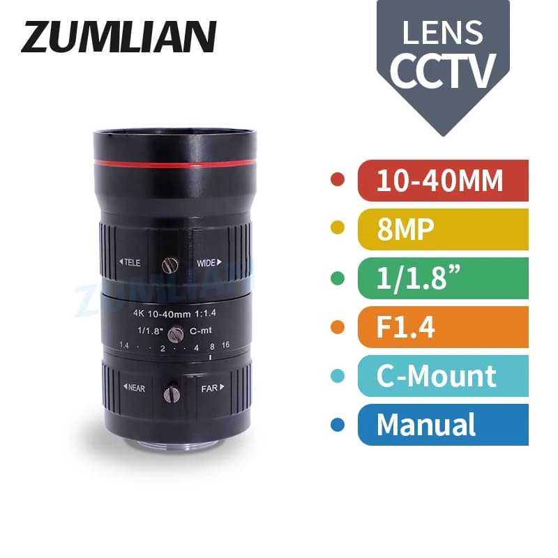 ZUMLIAN 10-40mm Obiettivo Varifocale 1/1.8 Pollici C-Mount F1.4 CCTV Bassa Distorsione 8MP Video Sorveglianza Telecamere di Sicurezza Zoom Lenti