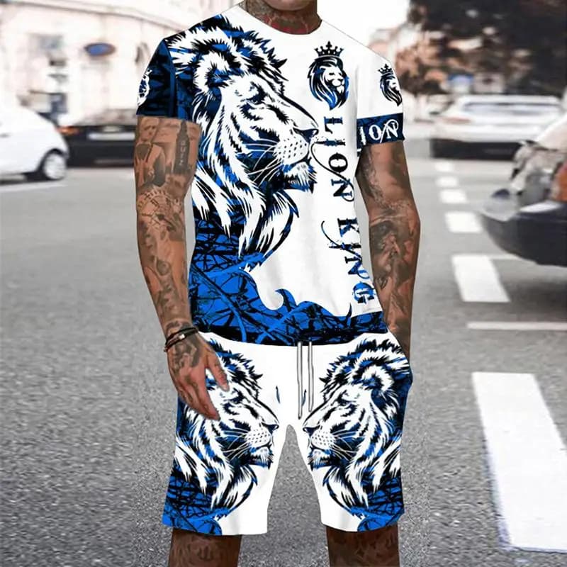 Animal Tiger Tracksuit 3D Print Men's Beach Suits Casual O-Neck Short Sleeve T-Shirt Shorts Sets Sportswear Men 2pcs Clothing