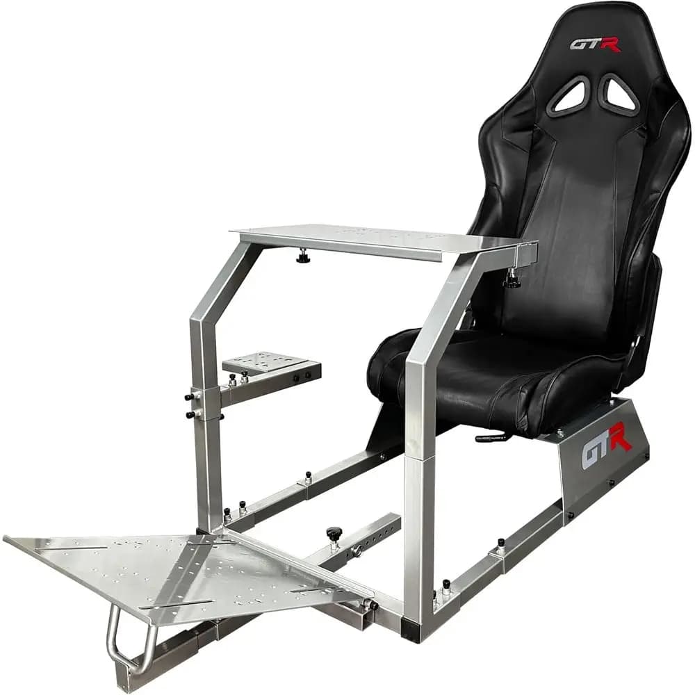 Adjustable Black Leather Racing Seat Gaming Cockpit Chair with Silver Frame