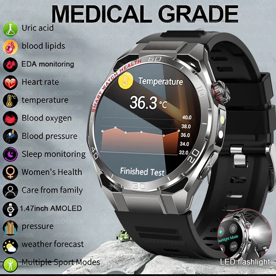 Smartwatch ECG+PPG for men and women, with blood pressure monitoring, uric acid, blood fat, called BT HD, health and sports functions, waterproof, compatible with Android and iOS.