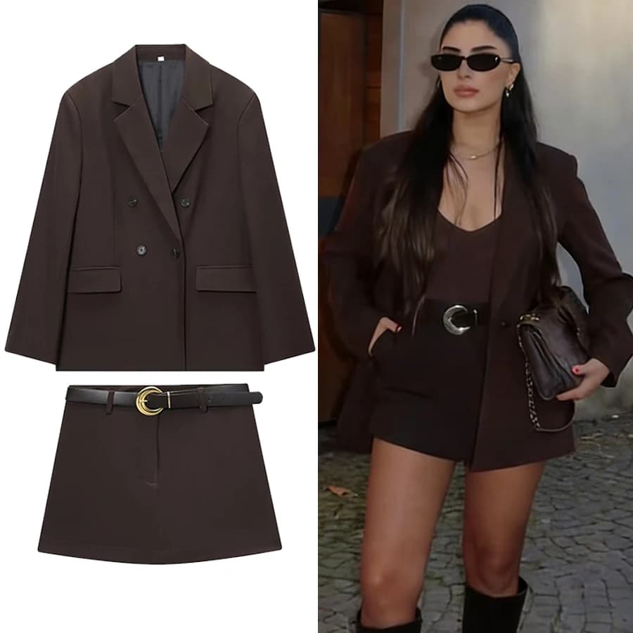 ZOCI Women Office Chocolate Brown Suit Women V Neck Double Button Blazer Belt Mini Shorts Skirt Fashion Vintage Female Sets