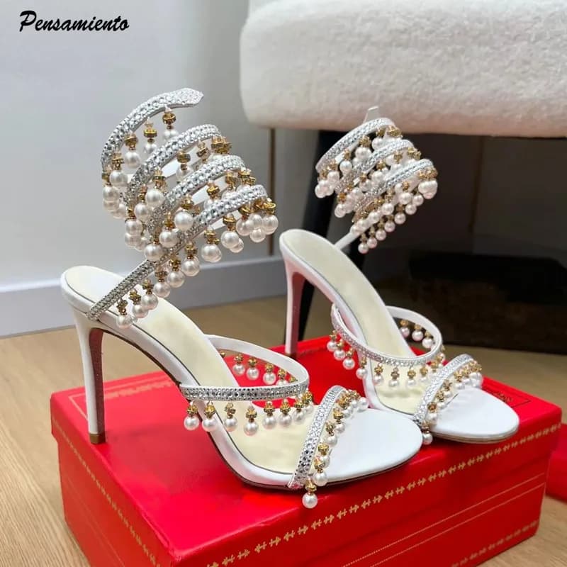 Sandali gladiatore da donna con strass di lusso, perle e nappe, sexy con cinturino alla caviglia a serpente, in raso, con tacco alto, scarpe estive per banchetti e matrimoni