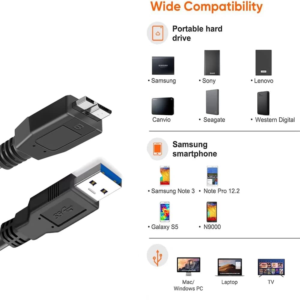 USB 3.0 Hard Drive Cable Micro B External HDD Data Cord for WD Hitachi Lacie Seagate Toshiba Portable External Hard Drive
