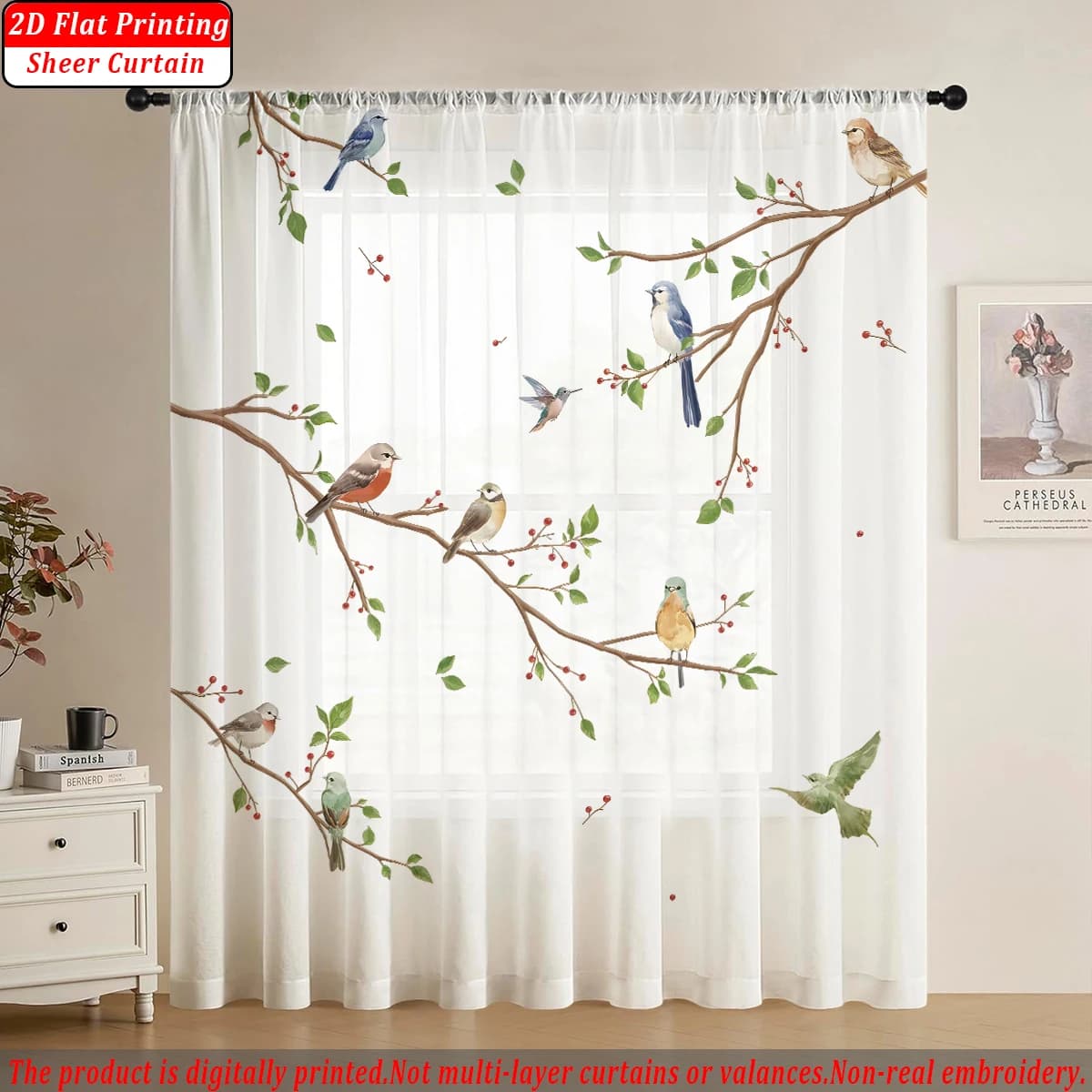 Tenda trasparente con stampa piatta di uccelli volanti, tessuto leggero, per la decorazione di porte e finestre di casa, camera da letto del soggiorno