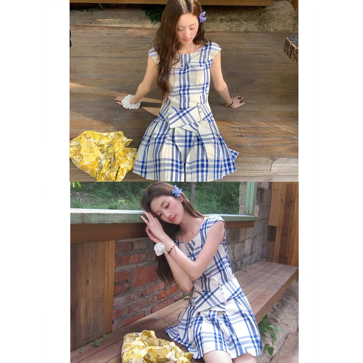 Soolrok round Neck Plaid Dress Artistic Short Skirt White Enhancing Summer Commute Style No Sleeve A-Line Skirt