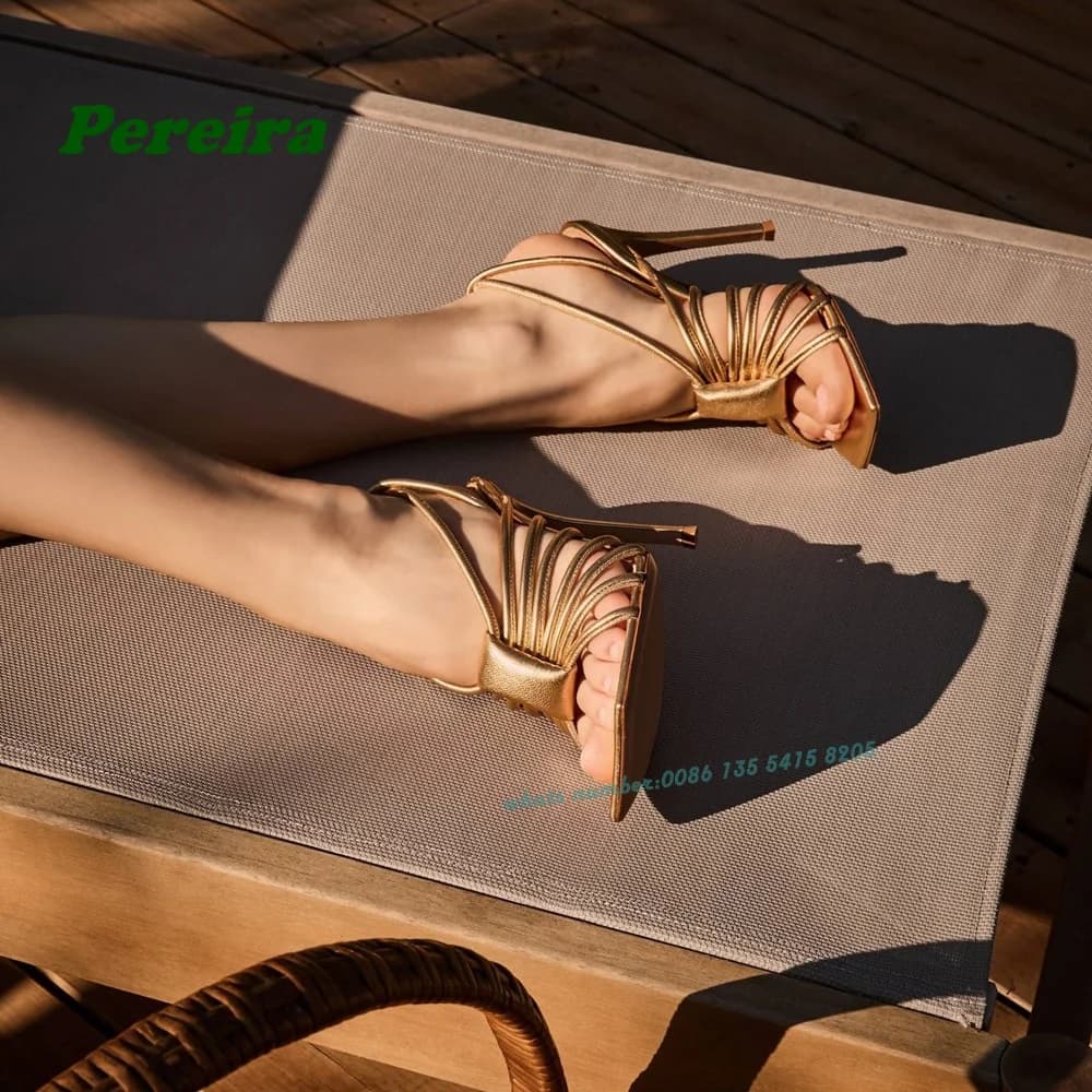 Gold Cut Out Sandals Square Toe Stiletto Heels Slingback Women's Sandals 2026 Summer Newest Straps Glossy Luxury Runway Shoes