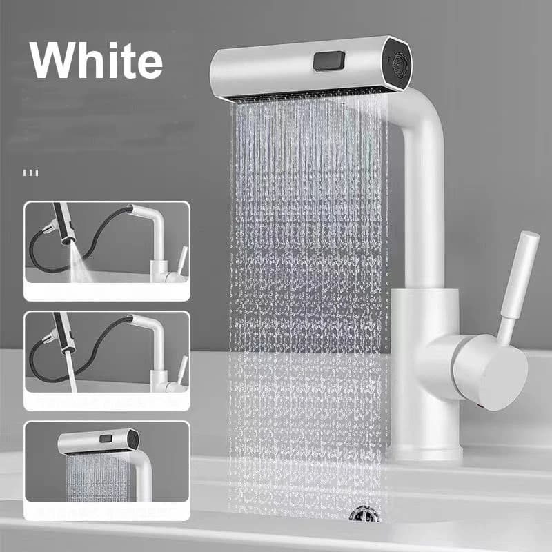 Rubinetto per lavabo da bagno bianco Rubinetto per lavabo Estraibile Cascata Flusso Spruzzatore a 3 vie Miscelatore per lavabo acqua calda fredda Rubinetto per lavaggio