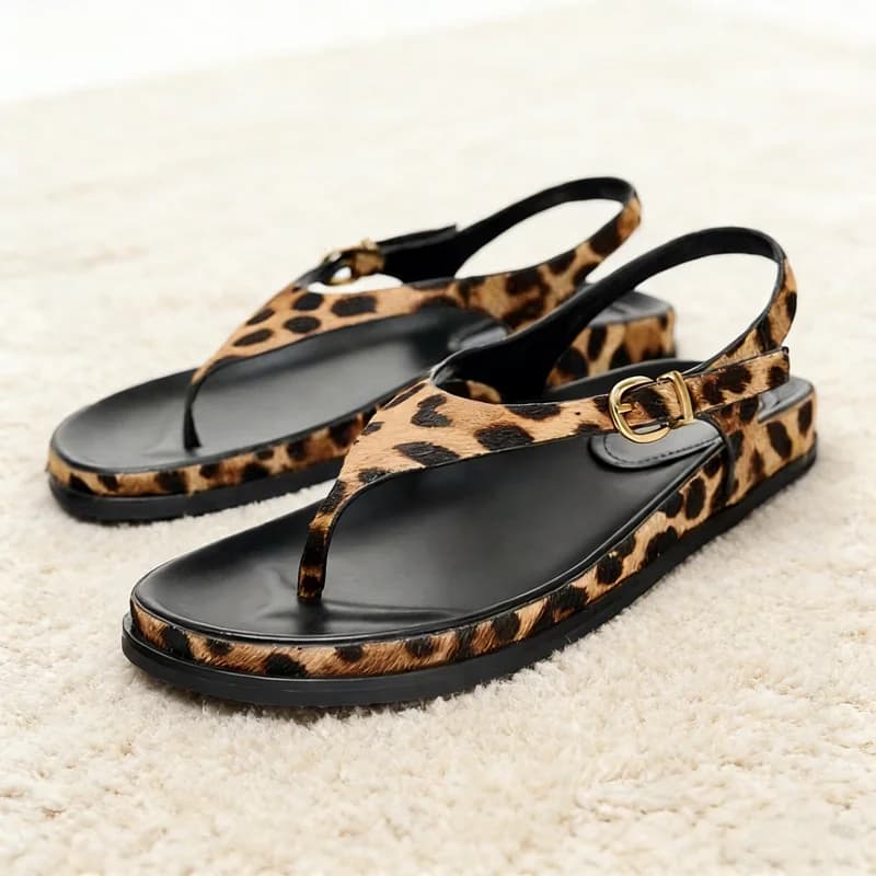 Sandali piatti con punta divisa dal design con stampa leopardata per donna Comfort Punta tonda con fibbia Scarpe casual da spiaggia Infradito leggere da donna