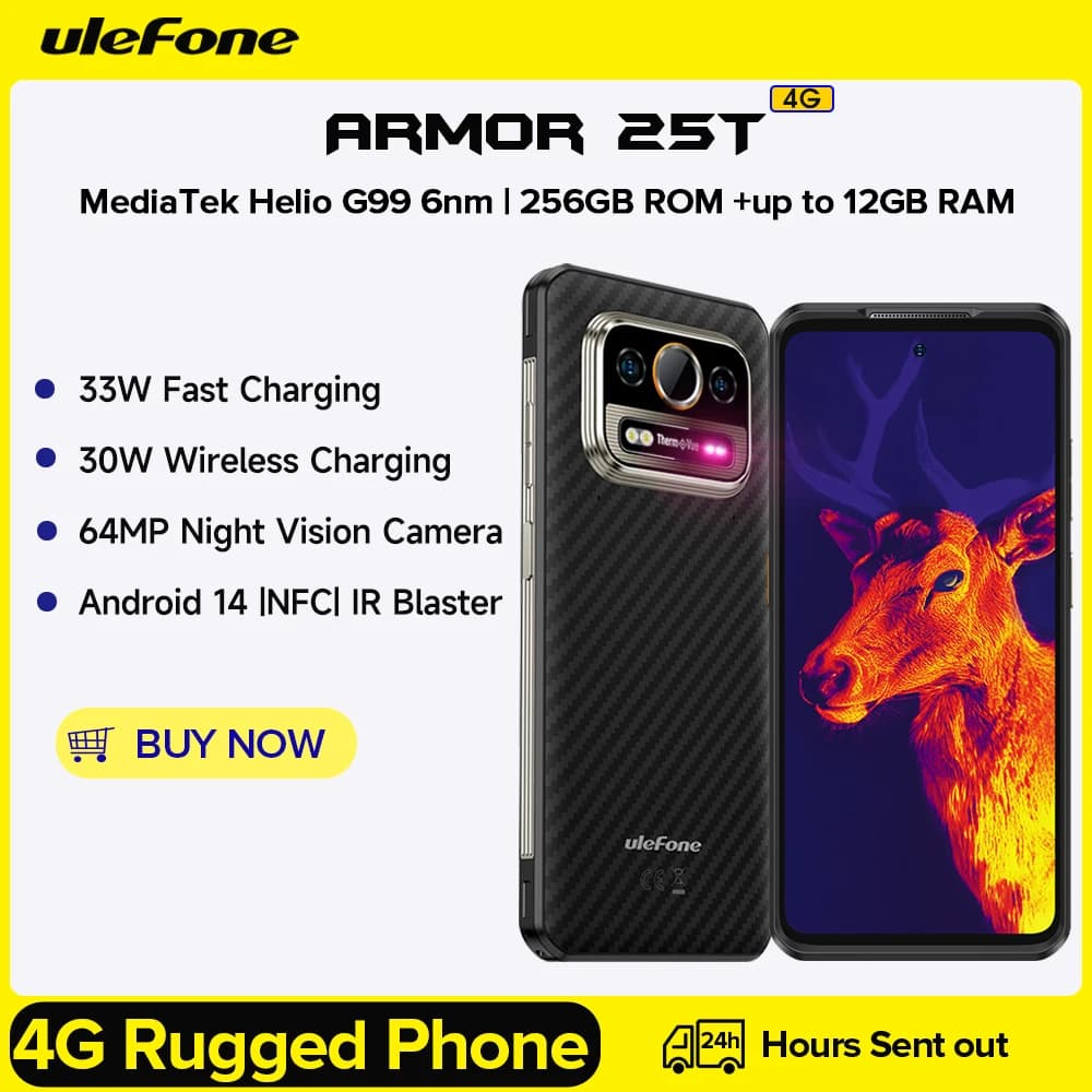 Ulefone Armor 25T 4G Telefono robusto 33W 50MP + 64MP NFC Smartphone impermeabile Android 14 ROM 256GB Telefono cellulare globale