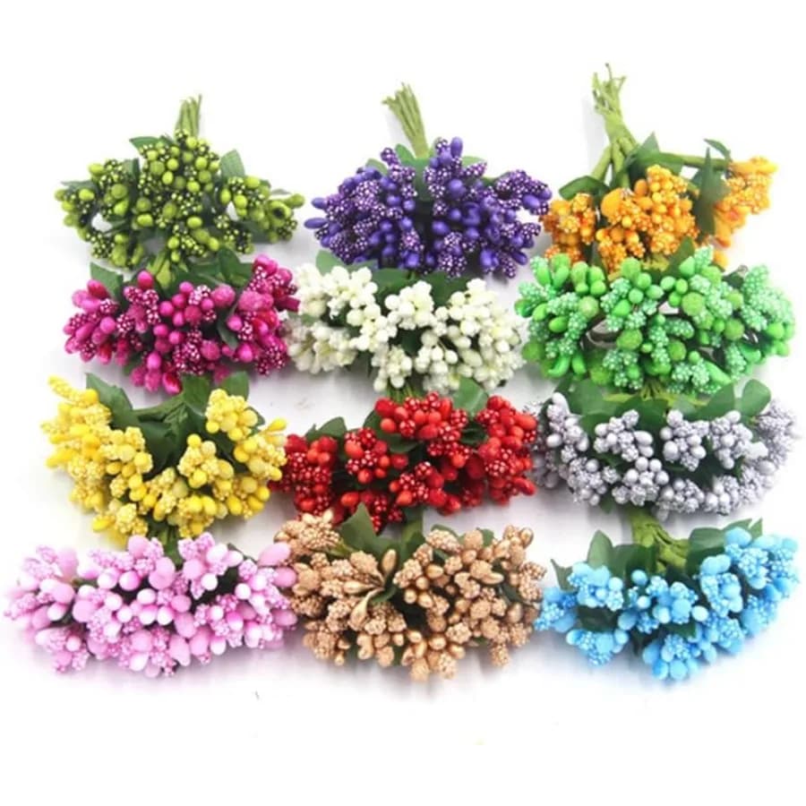 144 pezzi mini fiore artificiale stame pistil e stelo morbido 20mm piccola bacche per matrimonio fai da te fare fermagli per capelli da sposa torta superiore da polso