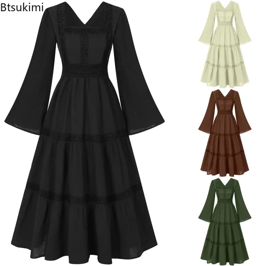 Abito medievale vintage da donna nuovo con finiture in pizzo stile vittoriano collo quadrato manica lunga costume Lolita rinascimentale vestido solido