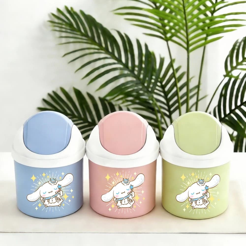 SanrioCinnamoroll Mini pattumiera da scrivania con coperchio, piccolo bidone per rifiuti rosa blu verde per auto da ufficio, regalo decorativo Kawaii per le donne