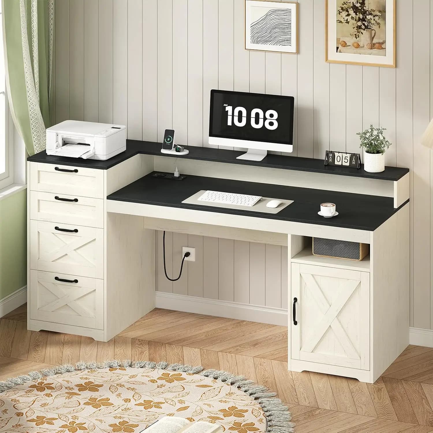 63" Farmhouse Desk with 4 Drawers & Printer Shelf, Monitor Stand, Power Outlets, Storage for Home Office, Bedroom, Black & White