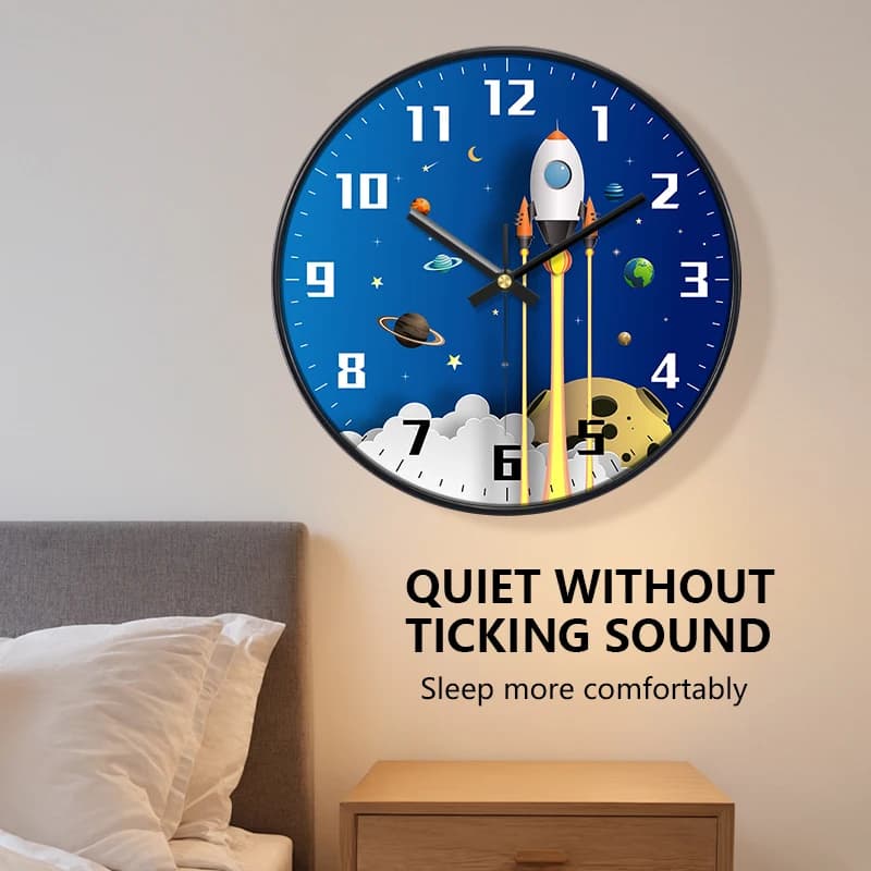 Rocket Launch Wall Clock Non-Ticking 2D Outer Space Design Clock Educational Solar System Decor for Bedroom Nursery Classroom
