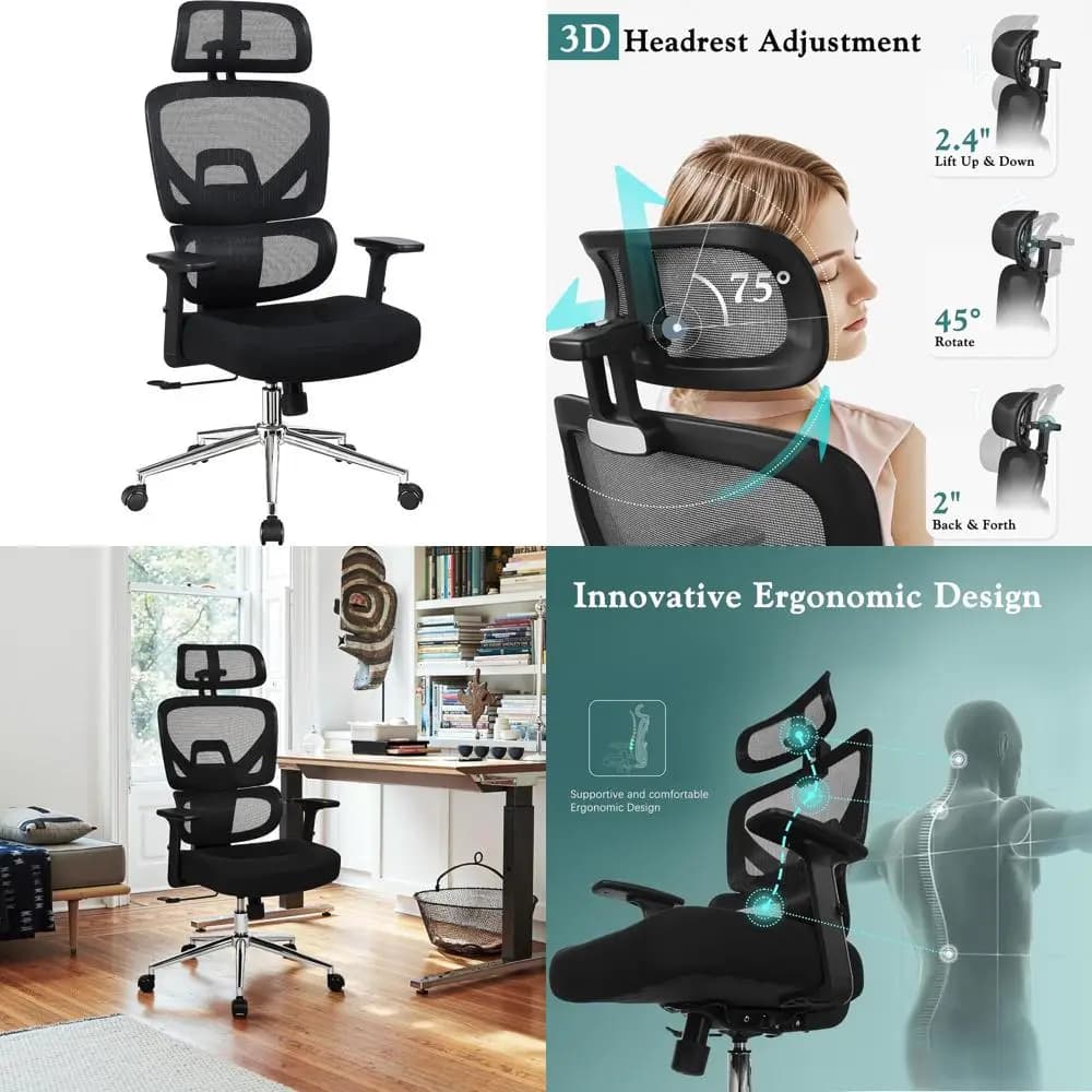 Sedia da Ufficio Ergonomica con Schienale Alto per Persone Robuste, in Rete con Ruote, Braccioli 3D, Supporto Lombare, Girevole e con Rotelle per Computer o