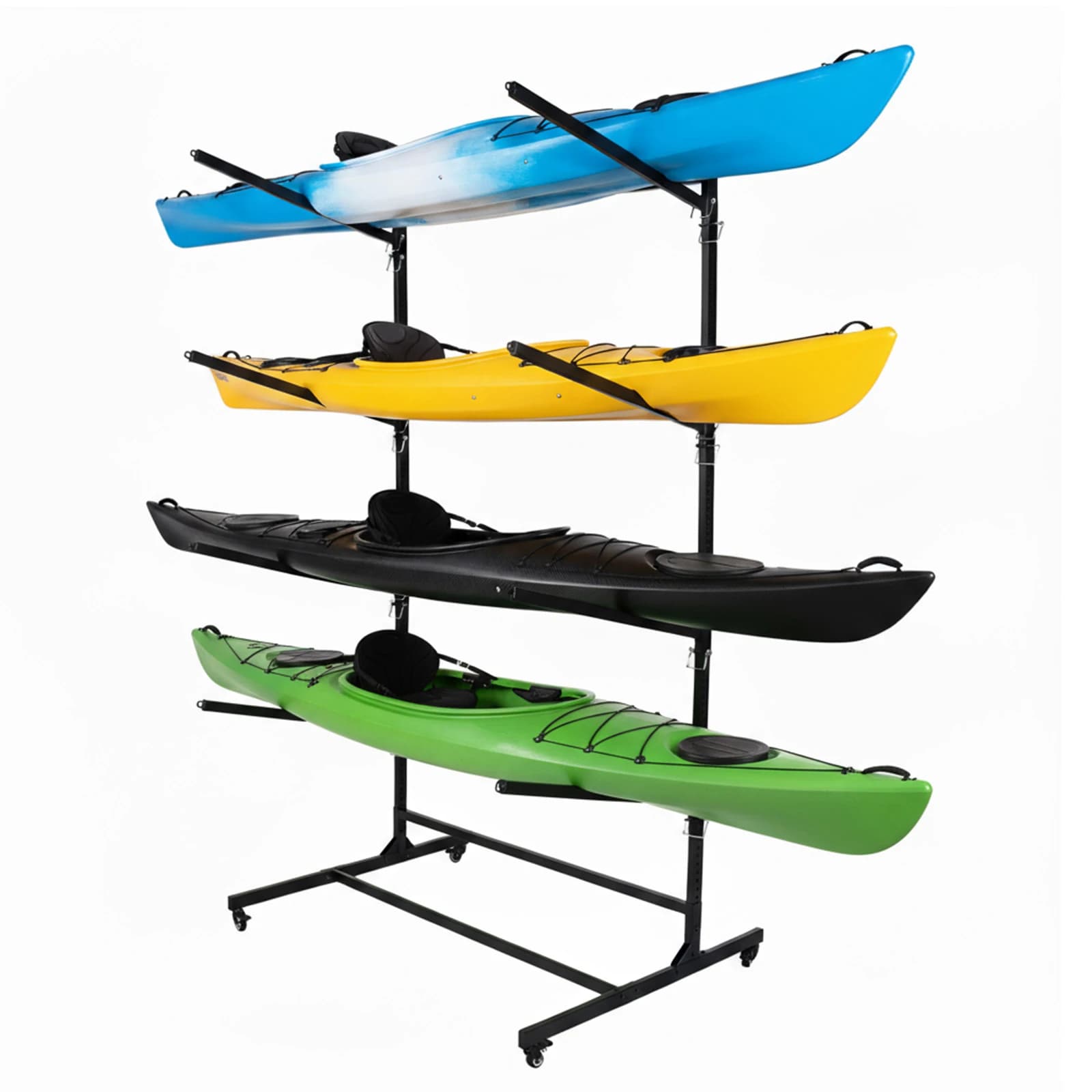 Supporto per Kayak a 4 Livelli, Struttura in Acciaio Antiruggine, Stand Autoportante per SUP, Base Larga Anti-Ribaltamento per Garage, Molo e Uso in Riva al Mare