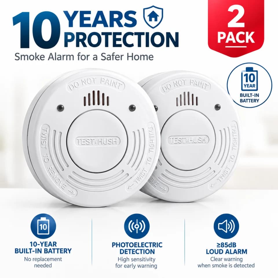 2 Pack 10 Years Smoke Detector For Home Bulit in Battery Photoelectric Smoke Sensor 85dB Alarm Hush Button Low Battery Reminder