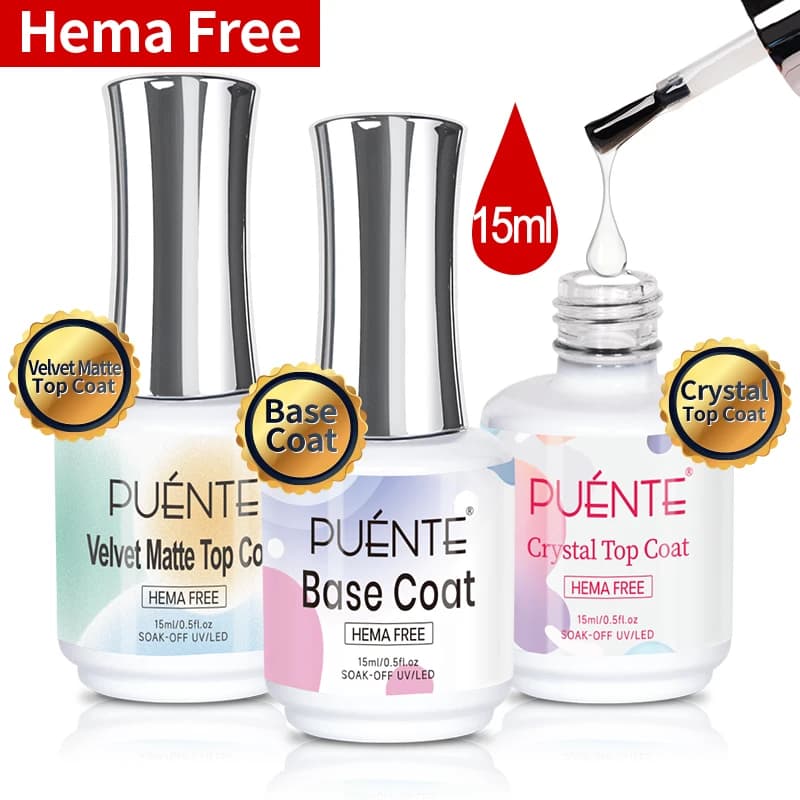 PUENTE 15ML Hema Base Free Coat Crystal Top Polished Top Coat Soak Off Function UV Paint for sensitive nails