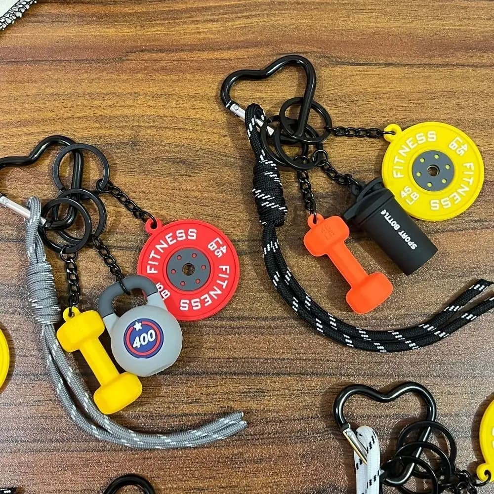 Fitness Series Pendant with Heart Buckle, Mini Kettlebell, Balancing Plates, Bag Charm, Creative Keyring in Simulated Manubri Shape