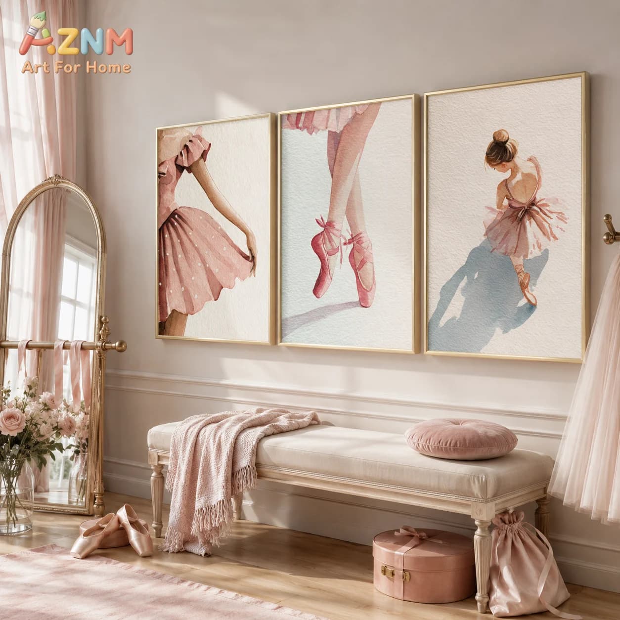 AZNM Unframed Canvas Print Watercolor Ballerina Wall Art Pink Ballet Dancer Girls Room Home Decor Poster