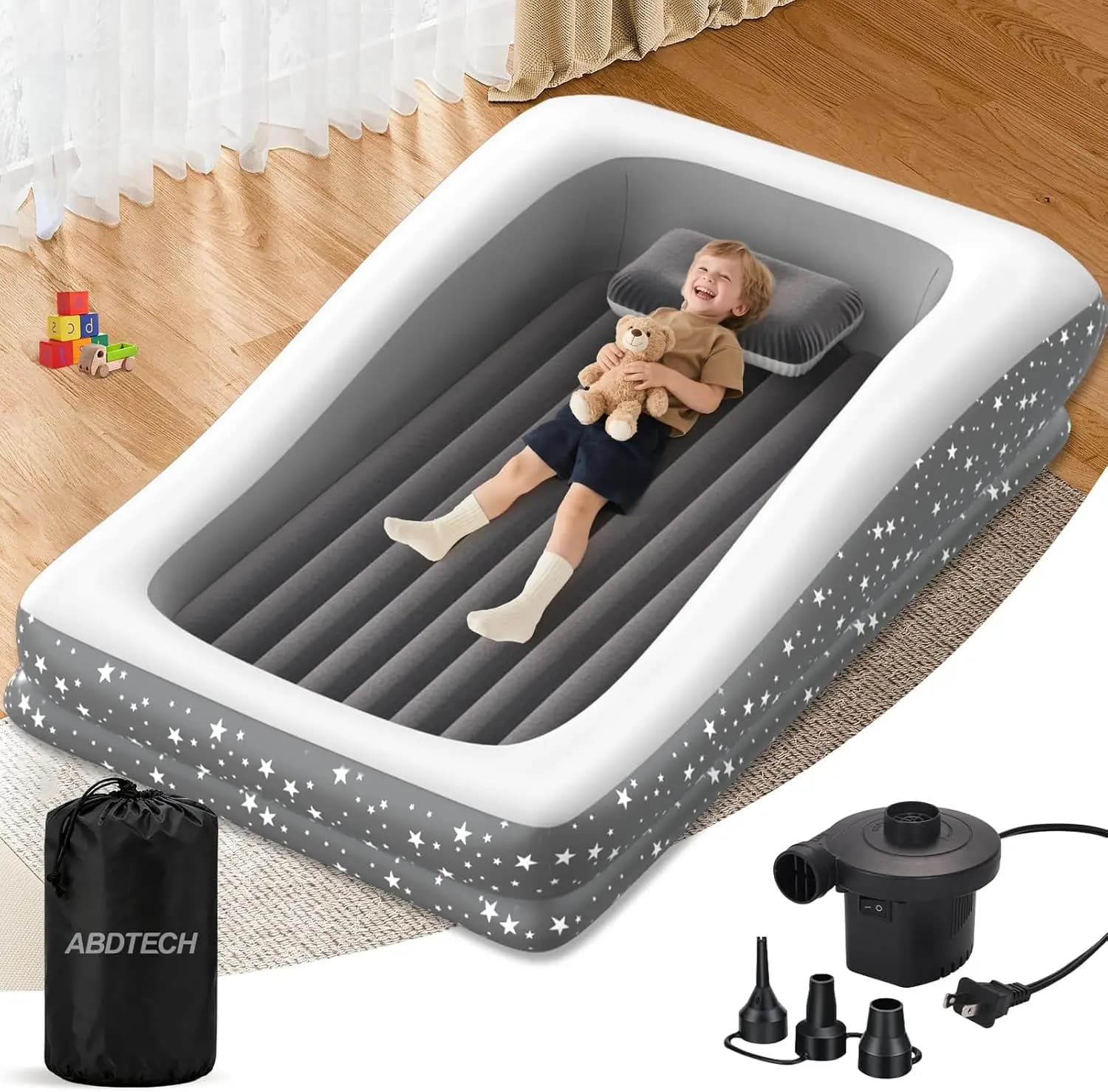 Large Inflatable Travel Bed for Children with Safety Stripes, Portable Air Mat for Camping and Bedding, Includes Pump and Bag