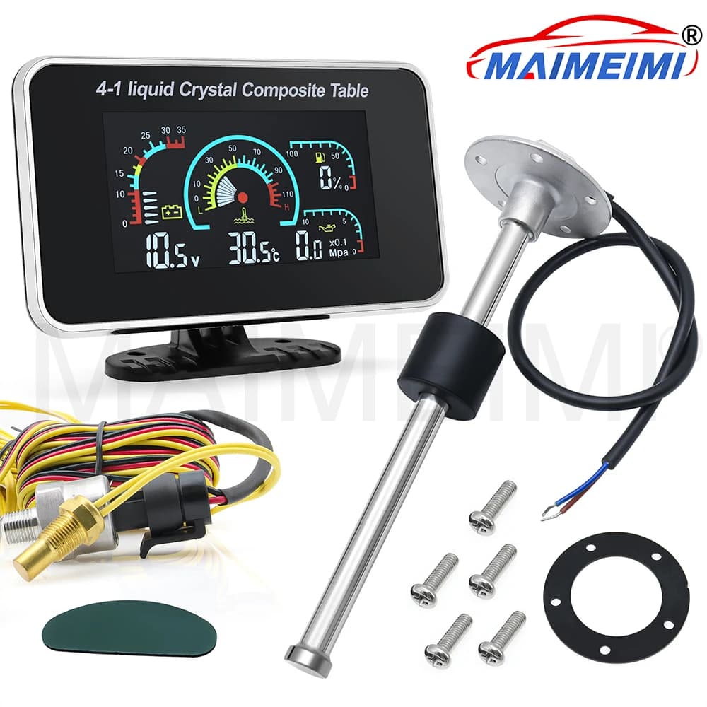 4 in 1 LCD per auto digitale temperatura dell'acqua voltmetro pressione olio volt indicatore carburante indicatore di allarme con sensore 100-575mm