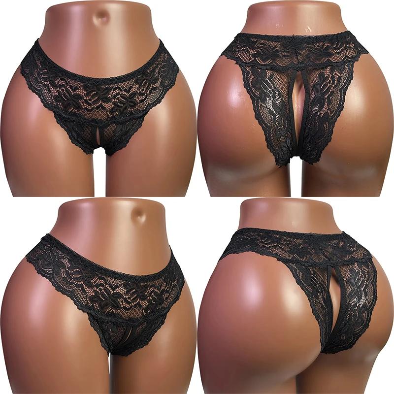 Mutandine a vita bassa con apertura sul cavallo, taglie forti, in pizzo e rete trasparente, per donna, sexy, perizoma, lingerie senza cavallo, slip femminili scavati