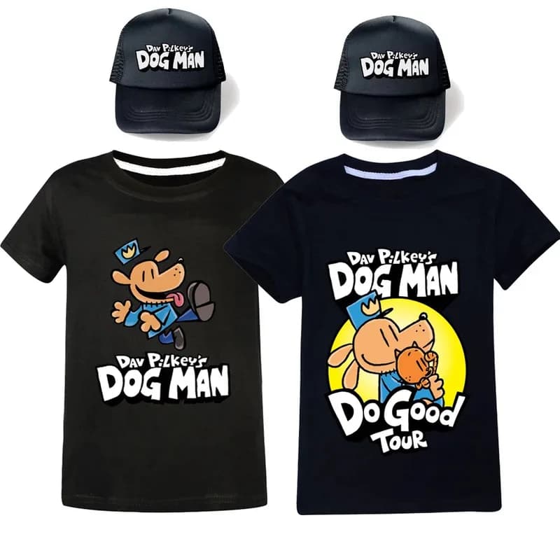 l2025l New Cosplay Dogman Kids T Shirts with Cap Kawaii Cartoon Anime Dog Man Short Sleeved Tees Boy Girls Round Neck Tops Bouti