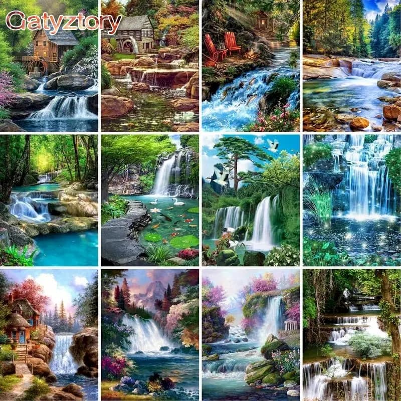PhotoCustom Diy Painting By Numbers Mountain Waterfall Landscape Painting Acrylic Paint On Canvas For Home Decoration 40x50cm