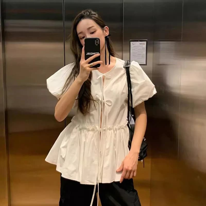 Camicie con fasciatura cava Camicette Fungo Patchwork Orlo Blusas Puff Manica corta Camisas Allentato Casual Ropa Mujer Estate O-Collo Top