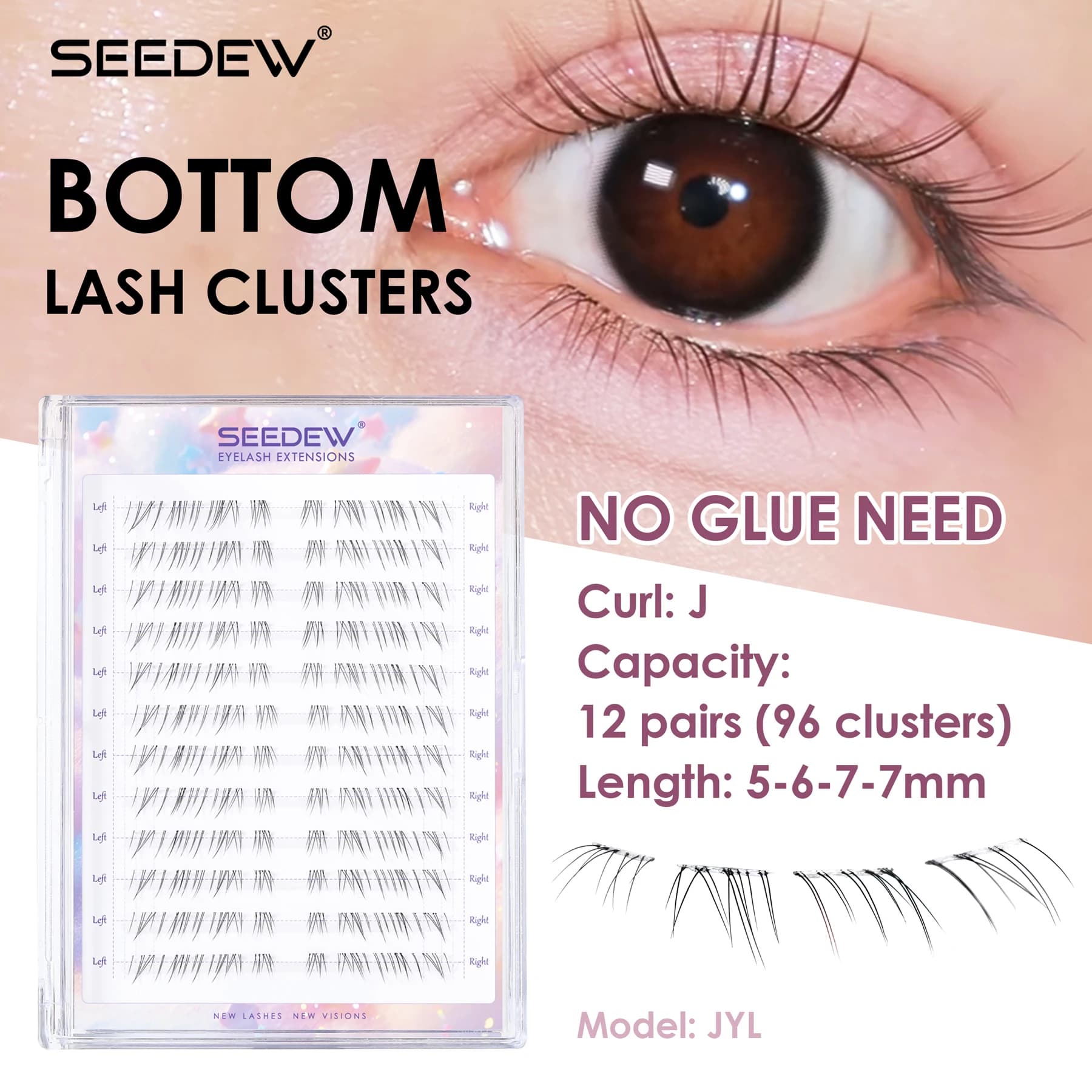 SEEDEW Self Adhesive Bottom Lash Clusters No Glue Needed Natural Individual Lower Lashes J Curl Short Under Eye False Eyelashes