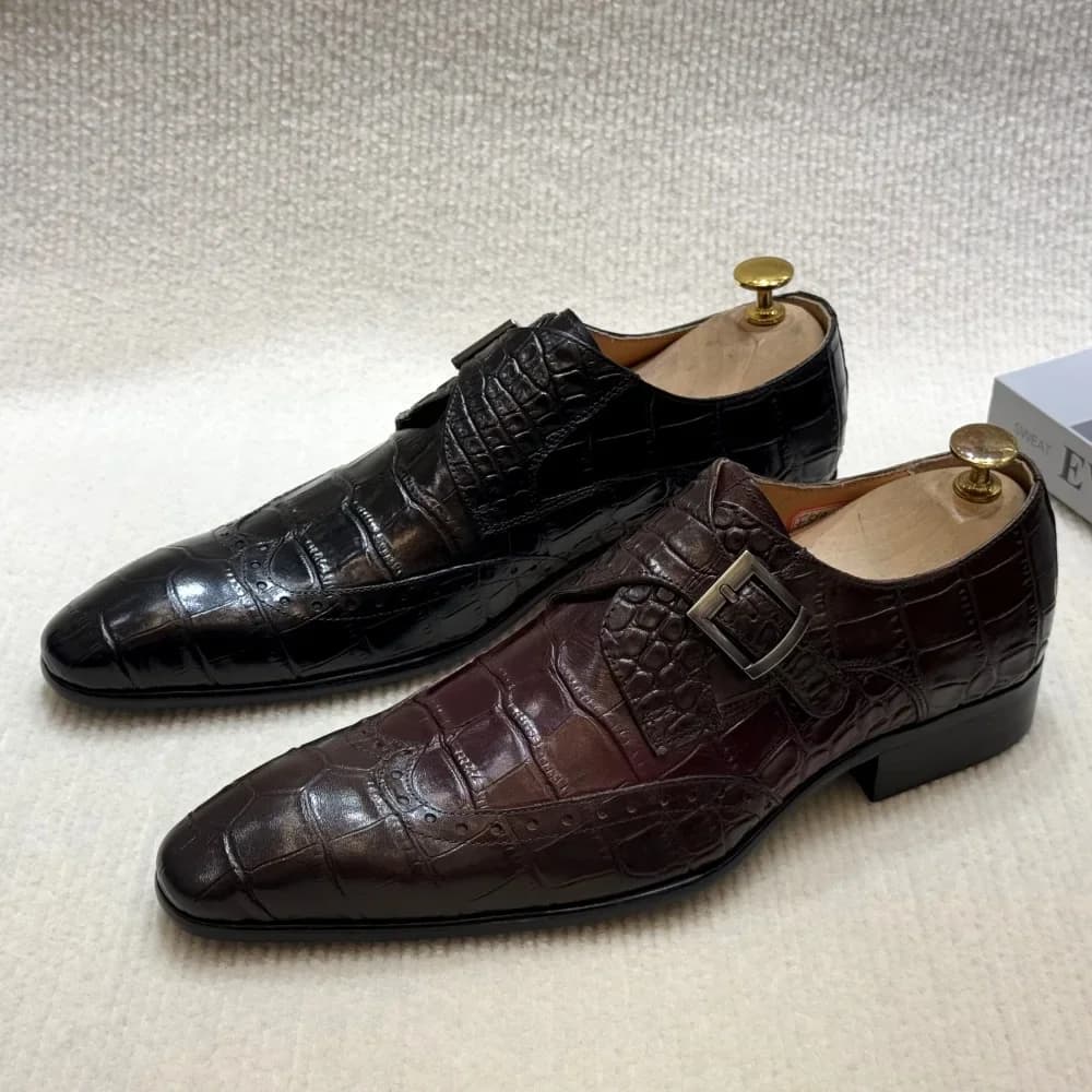 FELIX CHU Mocassini formali slip-on in vera pelle da uomo Scarpe da sposa brogue con punta alare Dettaglio fibbia per banchetti per feste