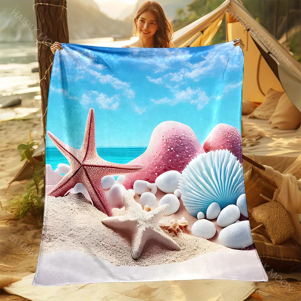 1PC Coperta calda con stampa di stelle marine e conchiglie per adulti e bambini, per casa, viaggi, auto, morbida e confortevole, adatta a tutte le stagioni
