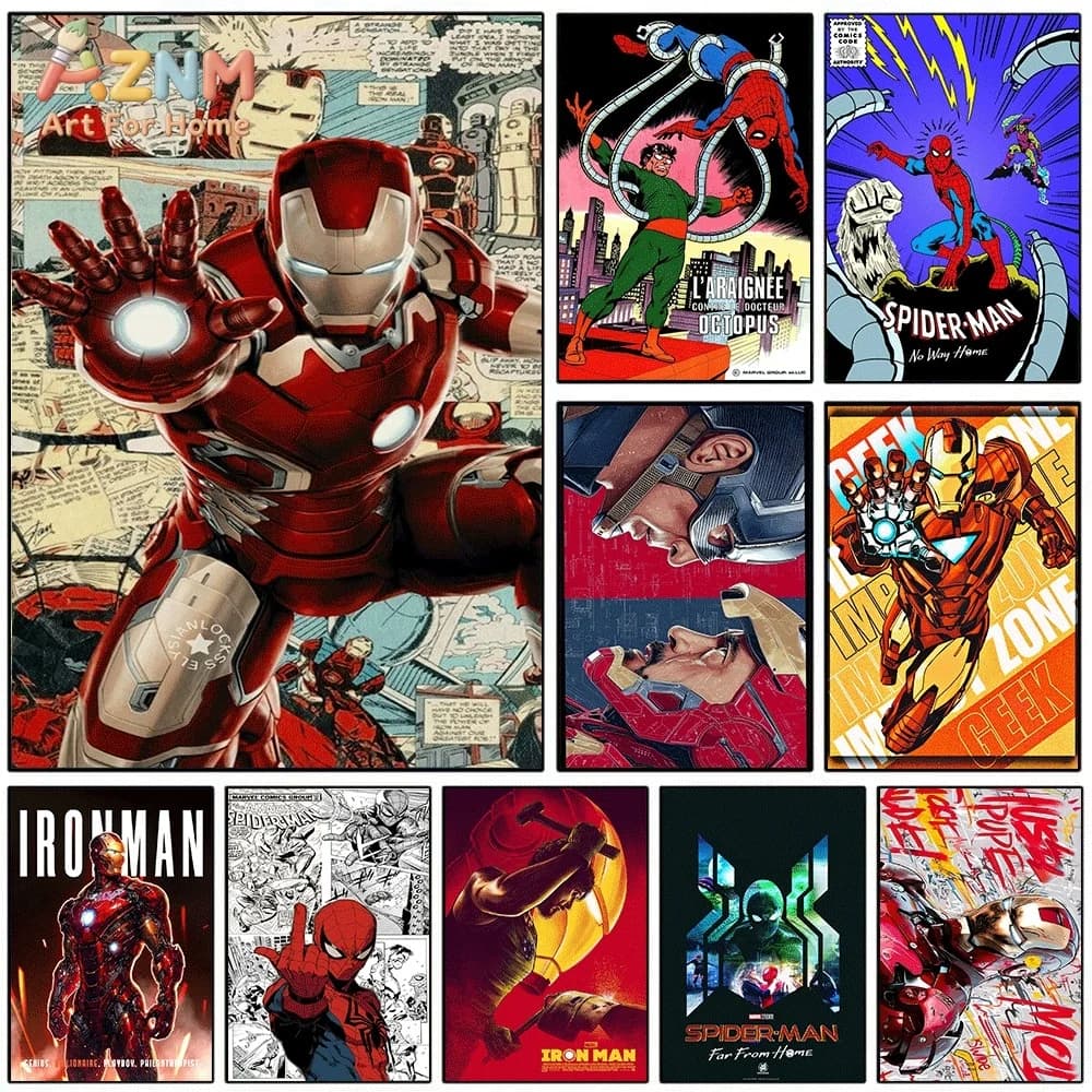 Iron Man Marvel Superhero Canvas Wall Art Spider‑Man Doctor Octopus Retro Comic Book Background Unframed Canvas Print for Boys B
