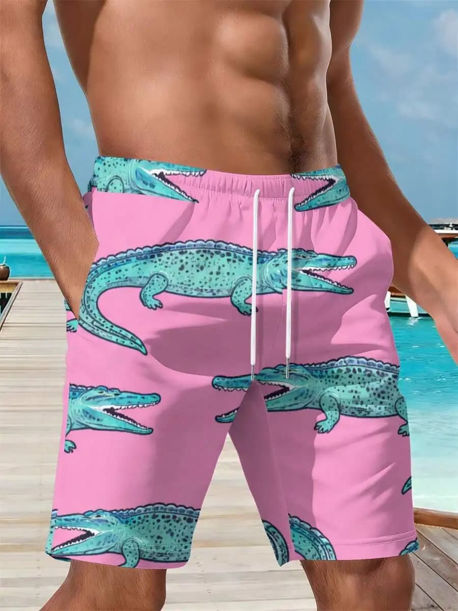 Pink All-Over Teal Crocodile Print Mens Quick-Dry Beach Swim Shorts For Summer Vacation And Poolside Fun