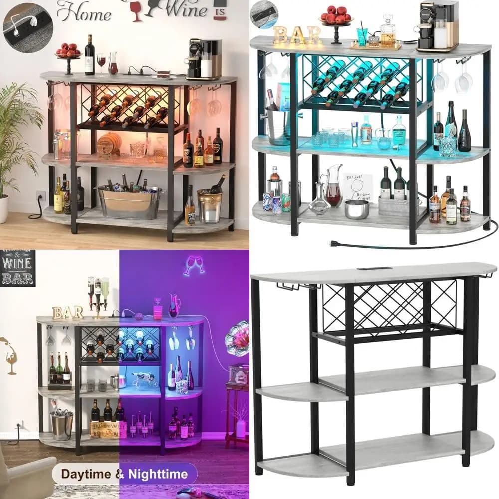 Mobile Bar in Metallo a 4 Ripiani con Presa Elettrica, Luce LED, Tavolo da Terra, Portabicchieri per Liquori, Portabottiglie per Cucina e Sala da Pranzo