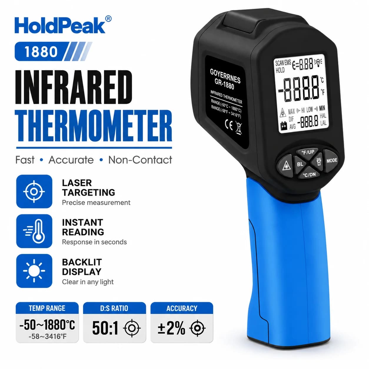 Infrared Thermometer 50:1, Laser Temperature Gun -58℉~3416℉ for Cooking Griddle BBQ, Industrial Heat Gun IR Tester