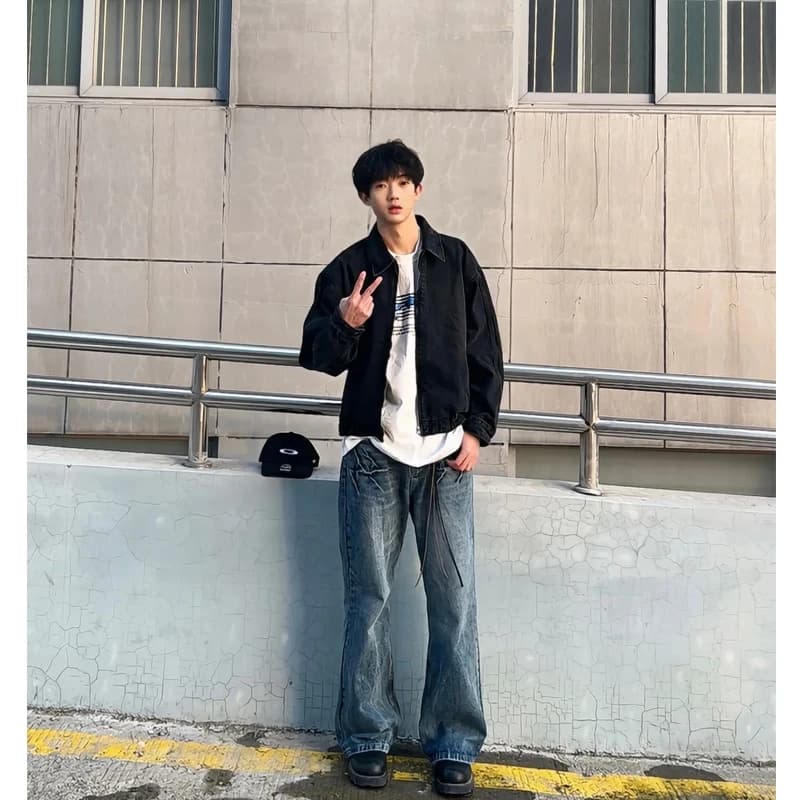 American Retro Blue Denim Jeans Men's Spring Autumn Trendy Brand Flared Floor-Length Pants OOTD Wide Leg Straight Leg Pants
