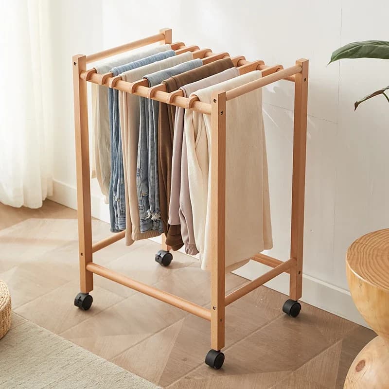 Multifunctional hanger from floor to ceiling in beech with wheels Mobile shelves to store a versatile bedroom