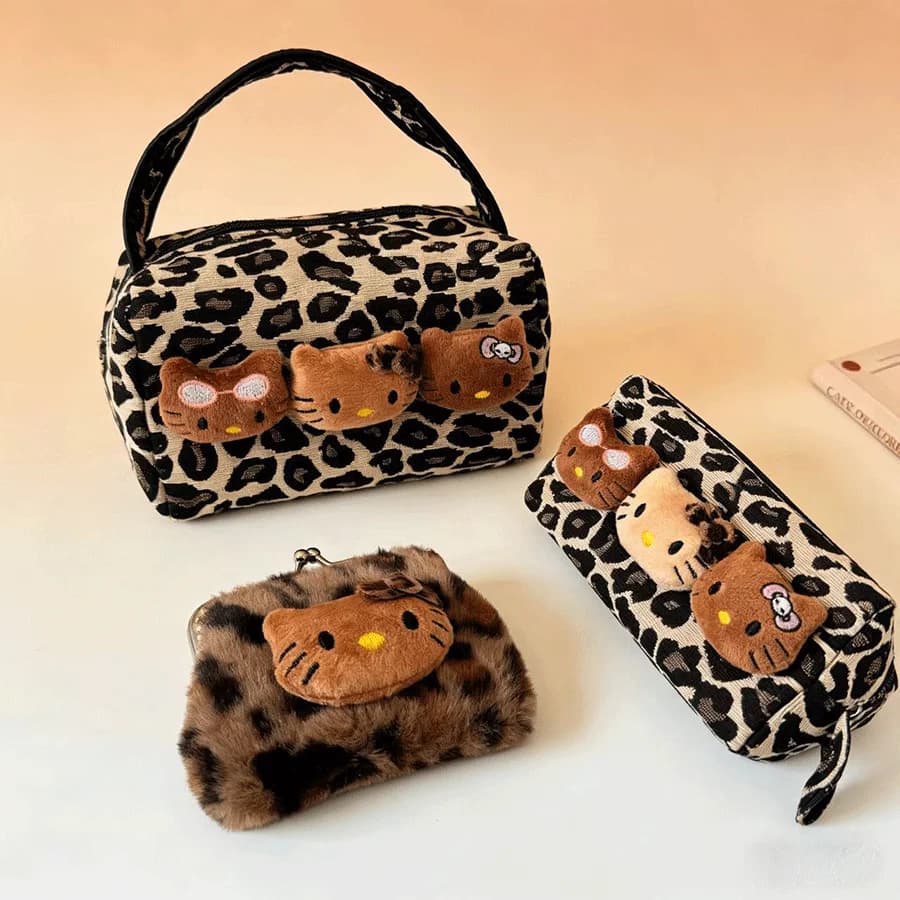 Borsa Portamonete in Peluche con Stampa Leopardata a Forma di Gattino Carino e Dolce, Custodia per Cuffie Bluetooth, Borsa per Trucchi e Oggetti Vari KT Cat