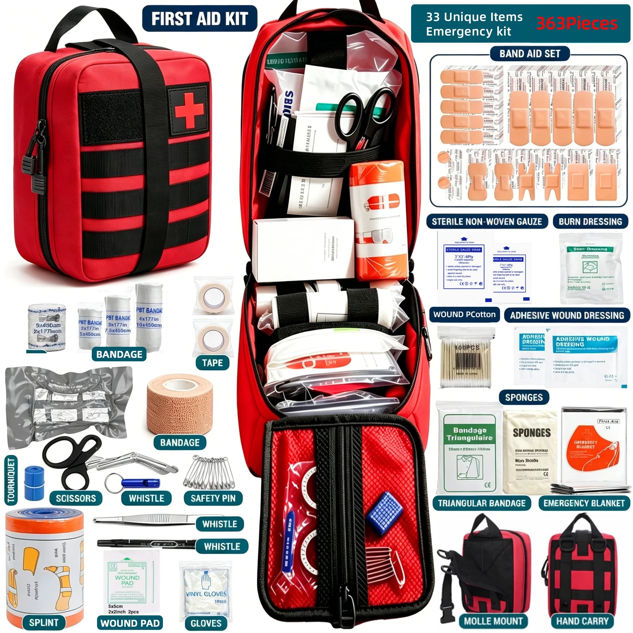 Kit di pronto soccorso da 363 pezzi, borsa medica portatile multiuso per emergenze, per uso domestico, viaggi all'aperto, attrezzatura da campeggio