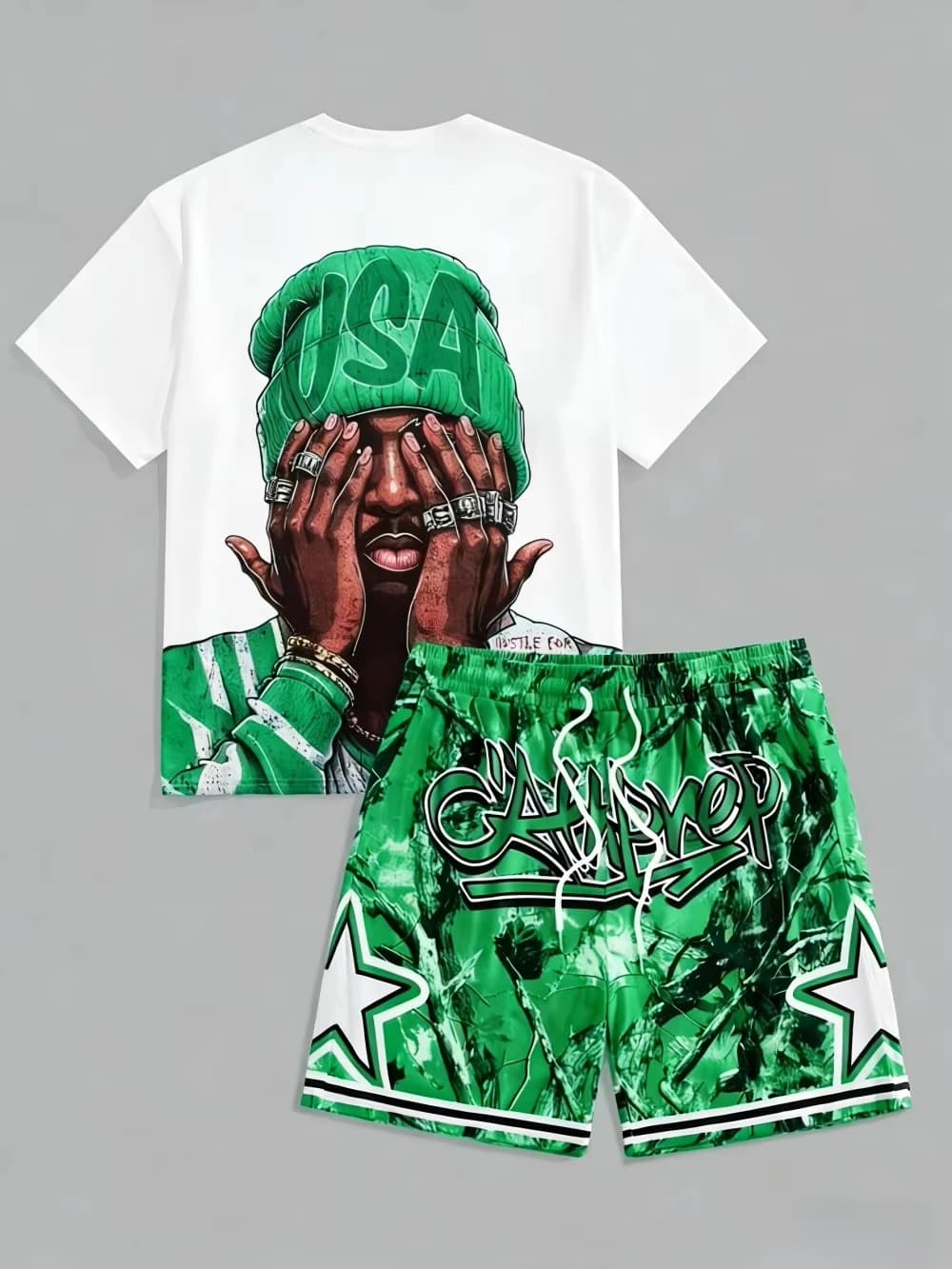 Men's Summer New USA Letter Pattern 3d Printed Comfortable Breathable Round Neck T-shirt Shorts Set Outdoor Street Wear Tops