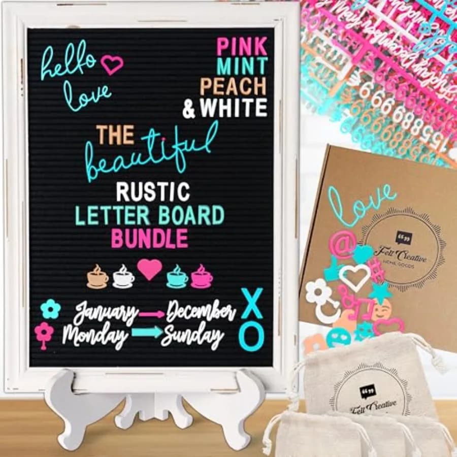 Lavagna in Feltro Rustica con Cornice in Legno Bianco Stile Fattoria Vintage e Supporto, per Messaggi e Promemoria Modificabili, 800+ Lettere