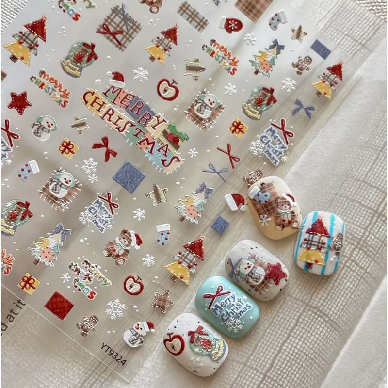 Cute Christmas Crystal Ball Snowman Tree Cloth Patch Snowflake Bear Bowknot Gift Stars Self adhesive Nail Decoration Stickers